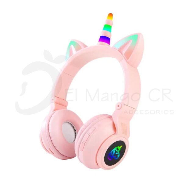 Audífonos diadema bluetooth de unicornio color rosa con luces led