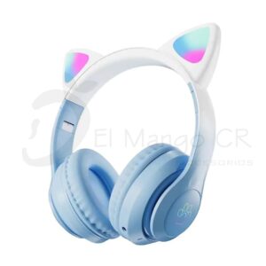Audífonos diadema bluetooth orejas de gato color azul con luces led