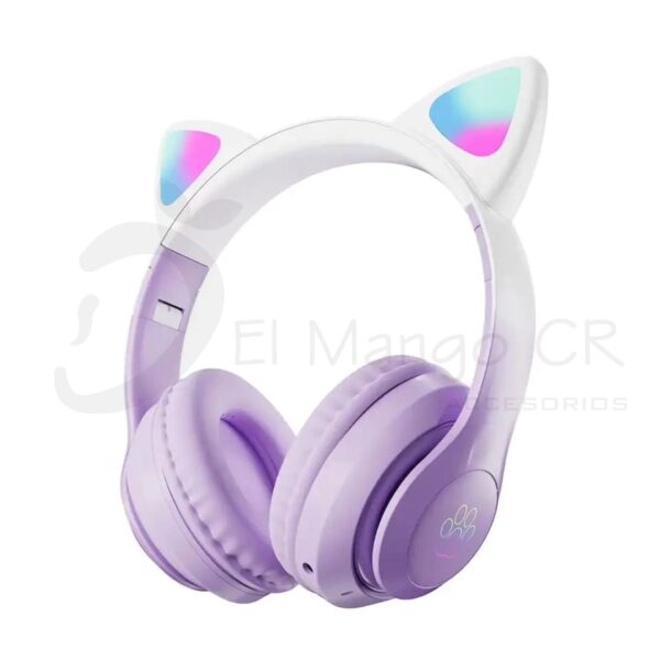 Audífonos diadema bluetooth orejas de gato color lila con luces led