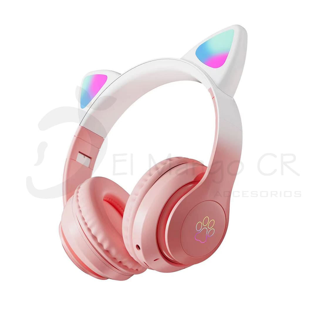 Audífonos diadema bluetooth orejas de gato color rosa con luces led