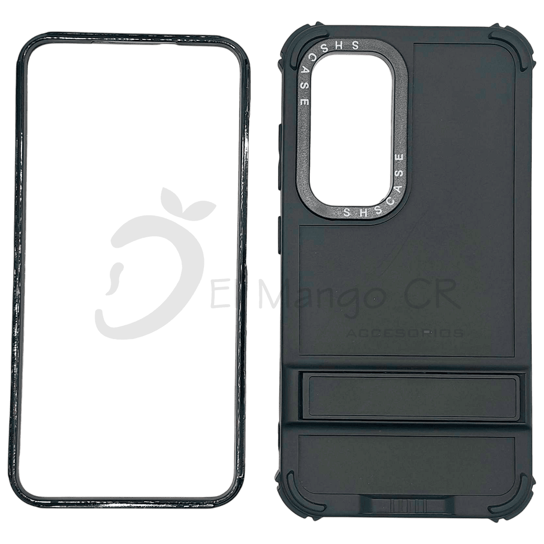 Estuche para celular Samsung A14 resistente a golpes dos piezas con soporte negro