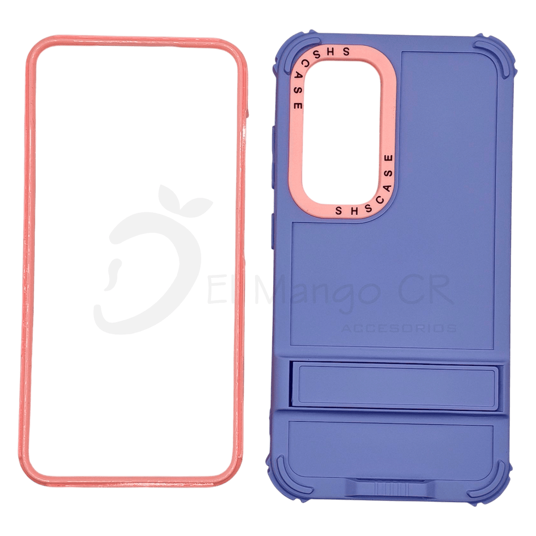 Estuche para celular Samsung A34 resistente a golpes dos piezas con soporte lila con rosa