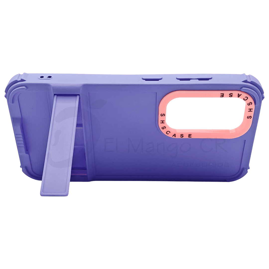 Estuche para celular A34 Samsung resistente a golpes dos piezas con soporte lila con rosa