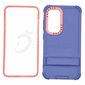 Estuche para celular Samsung S23 Ultra resistente a golpes dos piezas con soporte lila con rosa