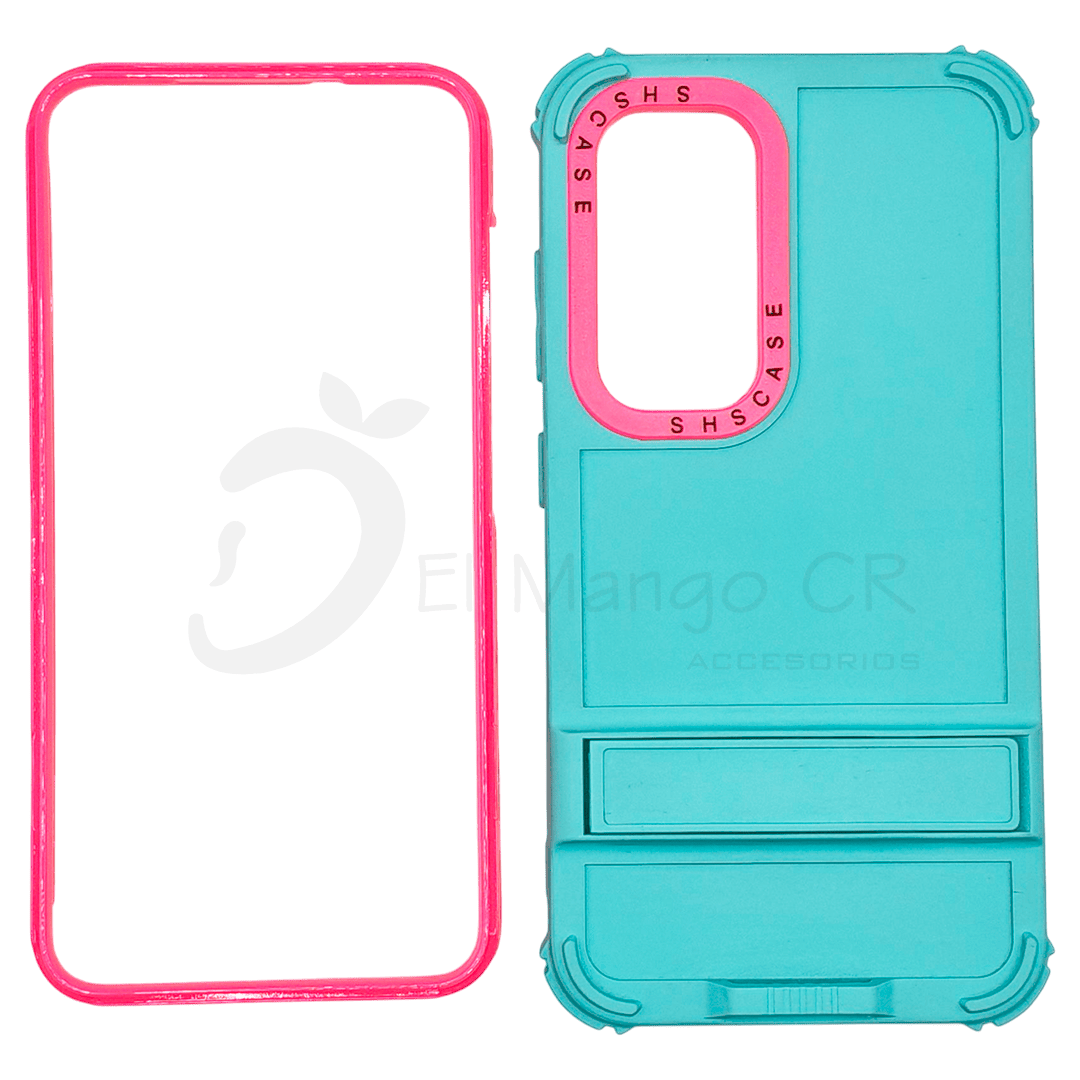 Estuche para celular Samsung S23 Ultra resistente a golpes dos piezas con soporte menta con rosa
