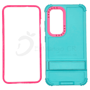 Estuche para celular Samsung S23 resistente a golpes dos piezas con soporte menta con rosa